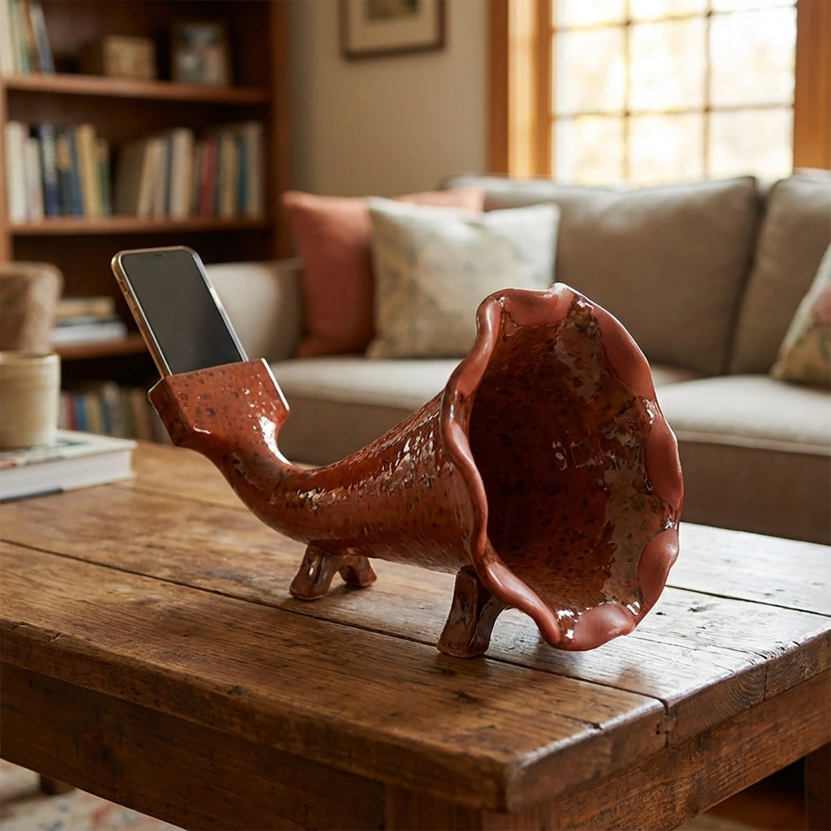 Amplificador de teléfono de cerámica de cuerno granate: regalo de cerámica hecho a mano para amantes del diseño.