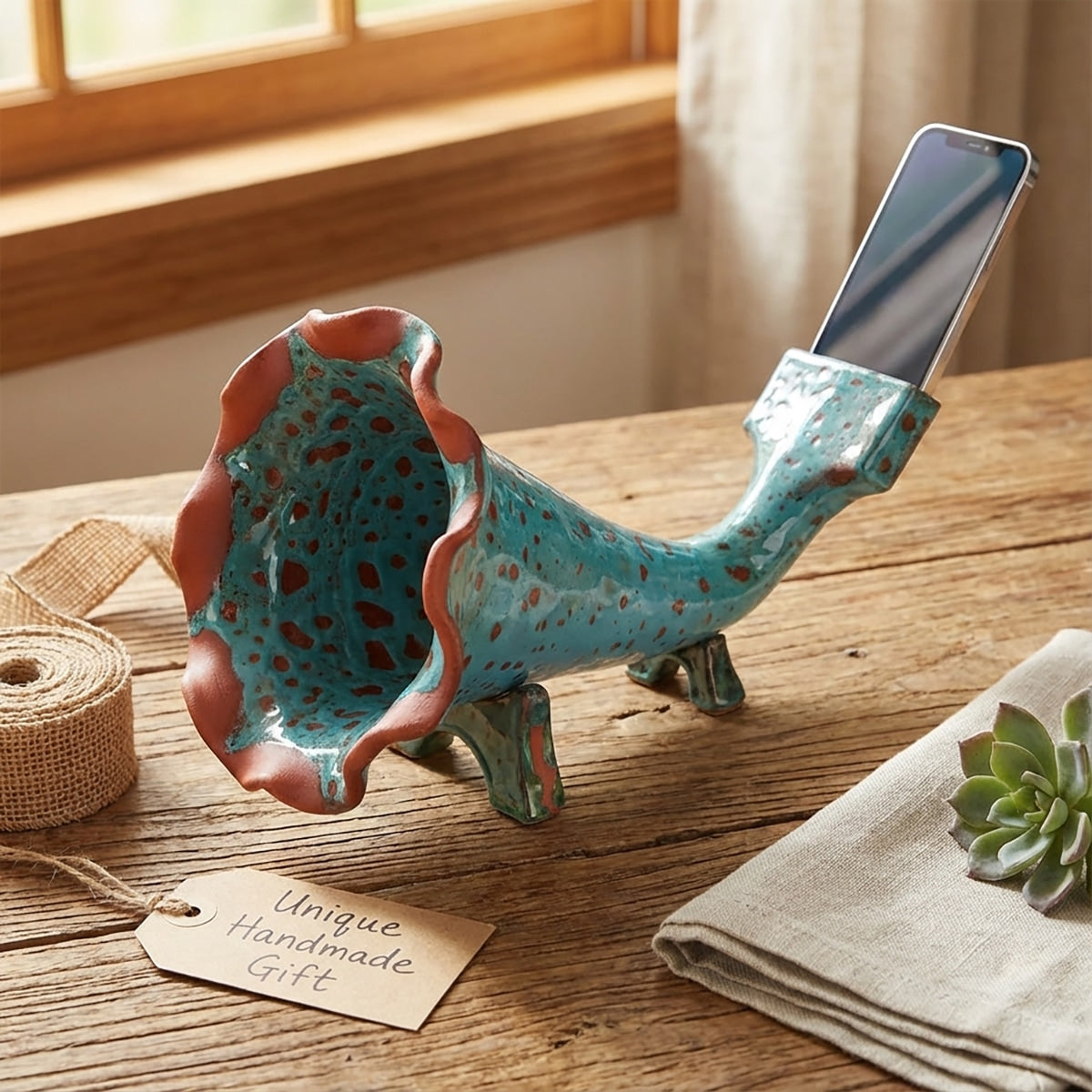 Amplificador de teléfono de cerámica con cuerno azul verdoso: un regalo único hecho a mano