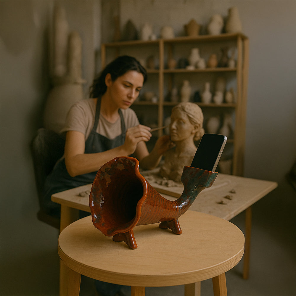 Amplificador de teléfono de cerámica con cuerno naranja quemado: un regalo artesanal y considerado