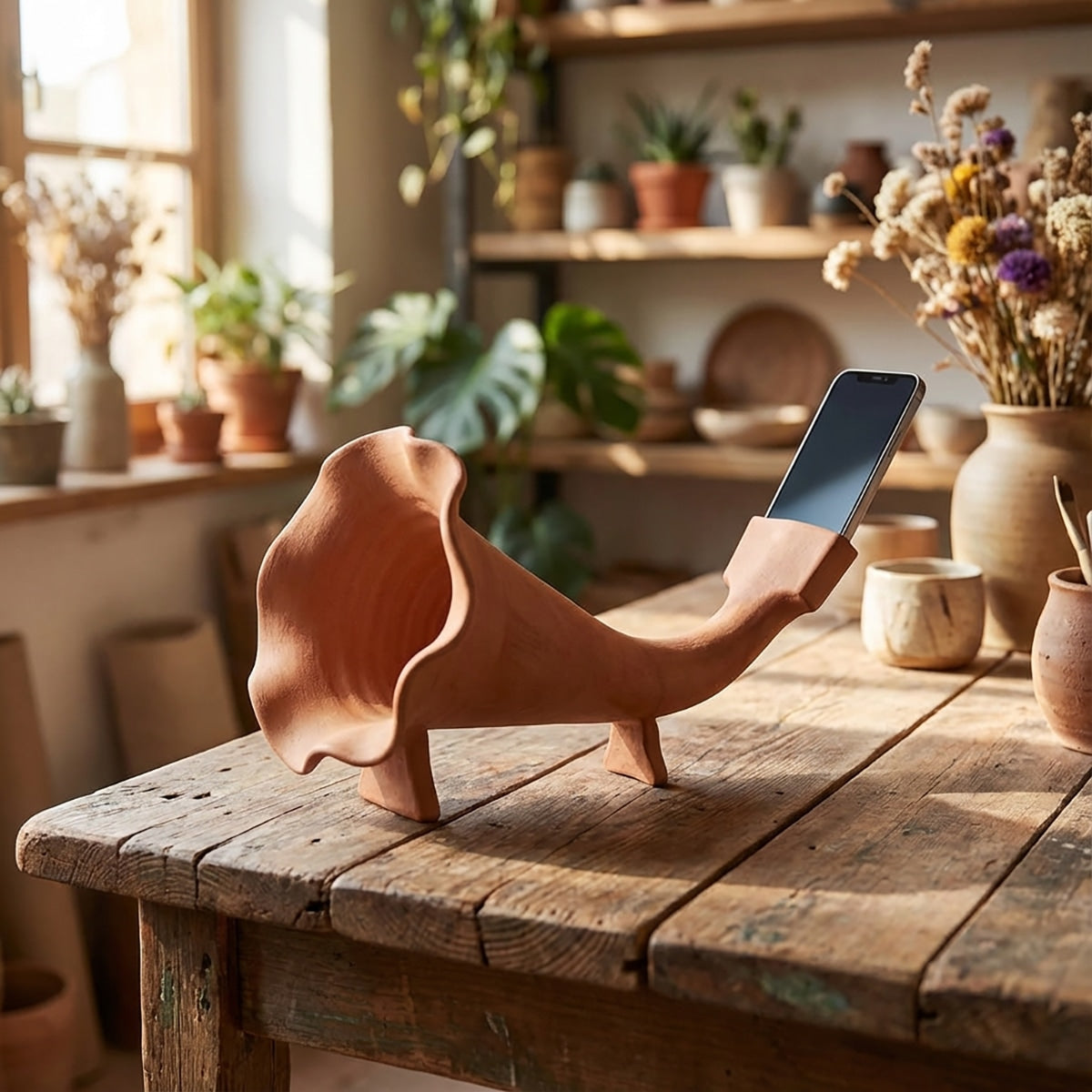 Amplificador de teléfono de terracota y cuerno natural: una idea de regalo única y artesanal