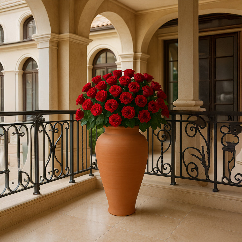 Maceta de terracota estilo ánfora alta rústica para jardín