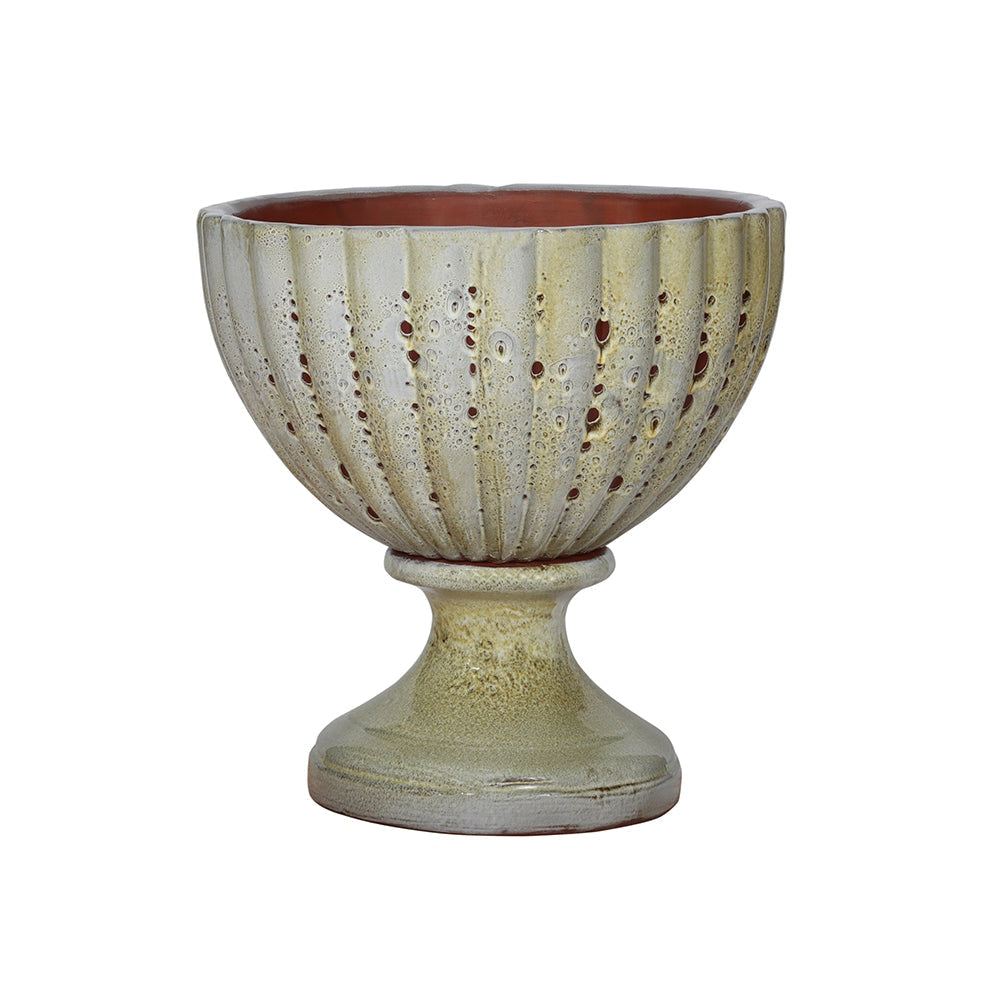 Maceta decorativa de cerámica con pedestal texturizado blanco