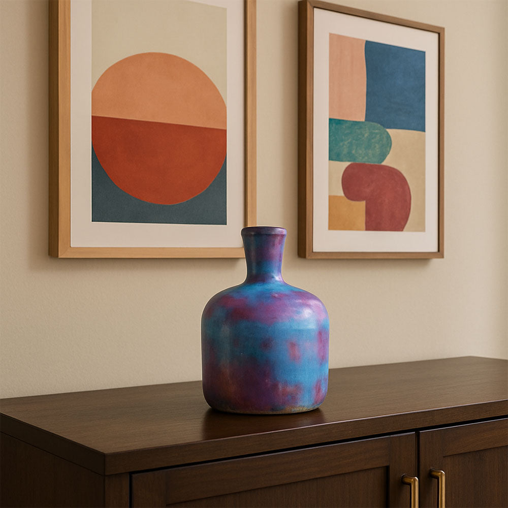 Jarrón de cerámica de cuello corto estilo raku iridiscente