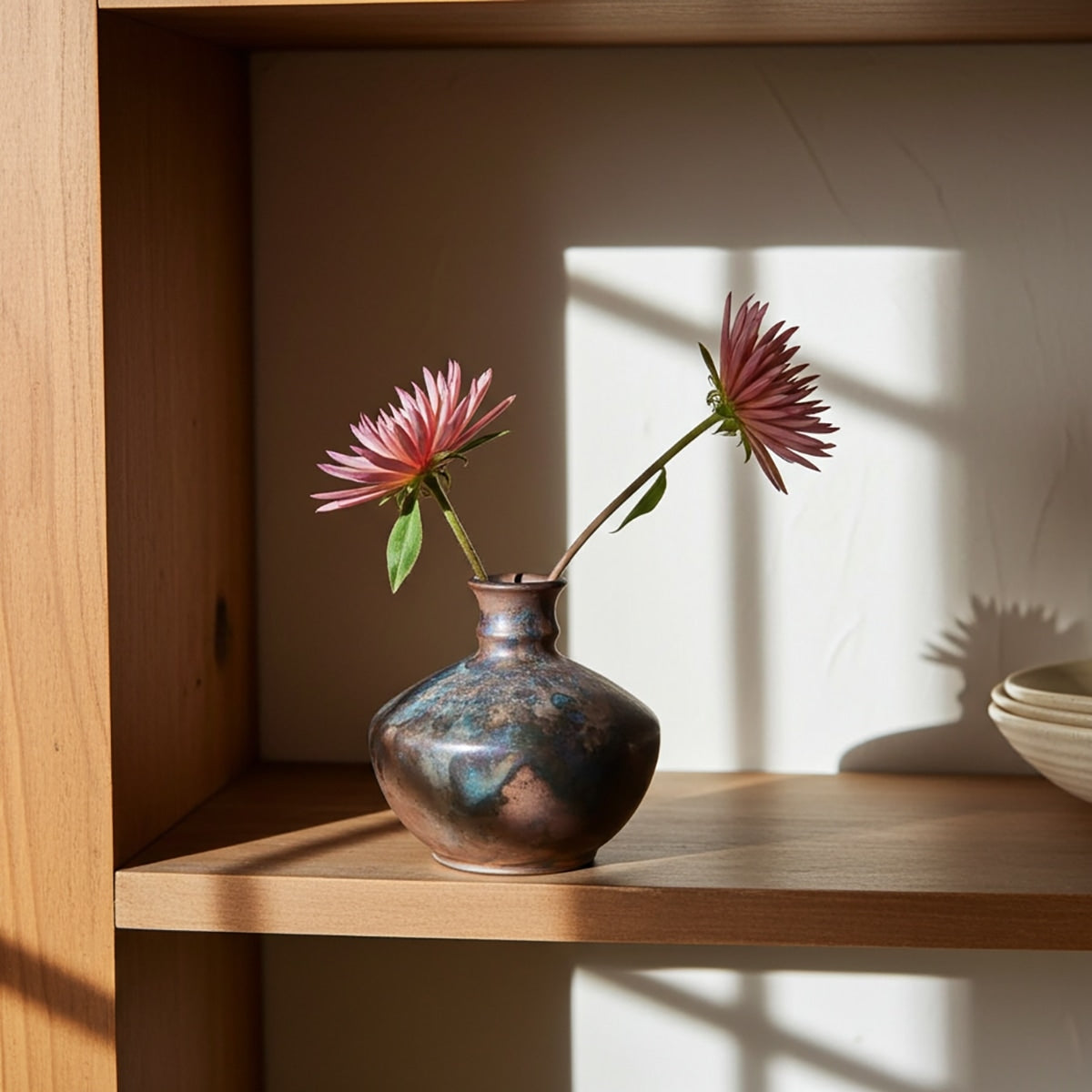 Jarrón de cerámica estilo raku con nebulosa de cobre