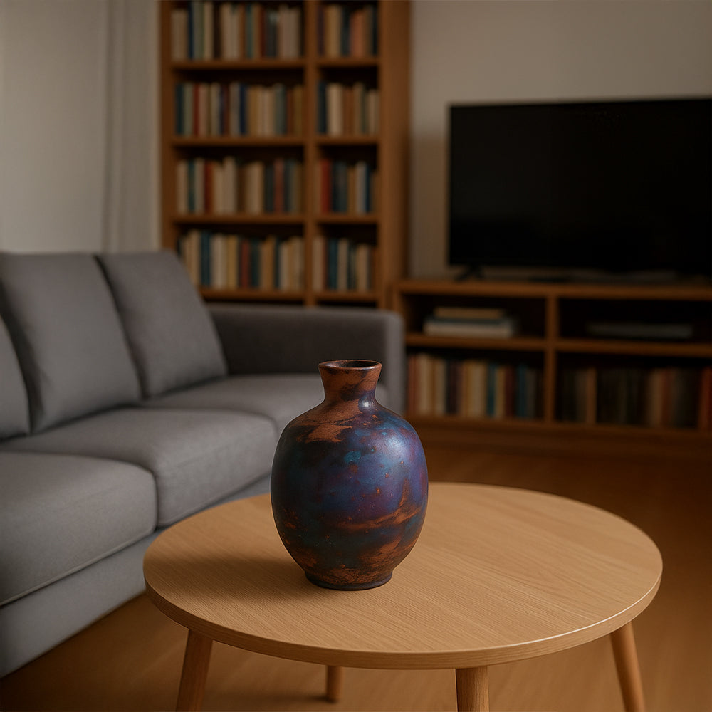 Jarrón de cerámica de cuello estrecho estilo Raku índigo