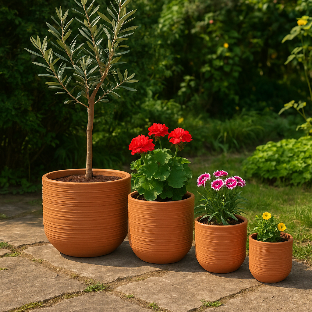 Juego de macetas redondas de terracota texturizadas