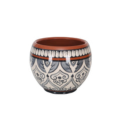 Navy cream patterned rustic terracotta flower pot, handmade by Clayspire.