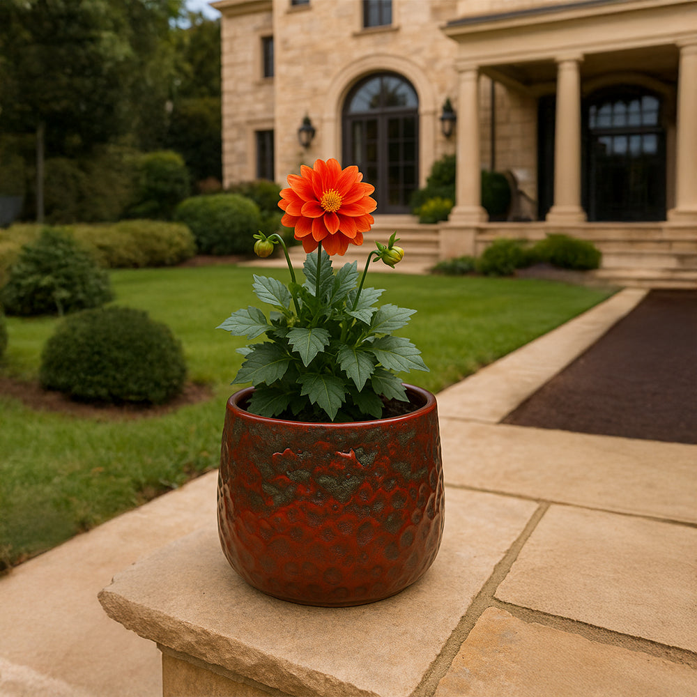 Maceta de cerámica texturizada de color rojo óxido