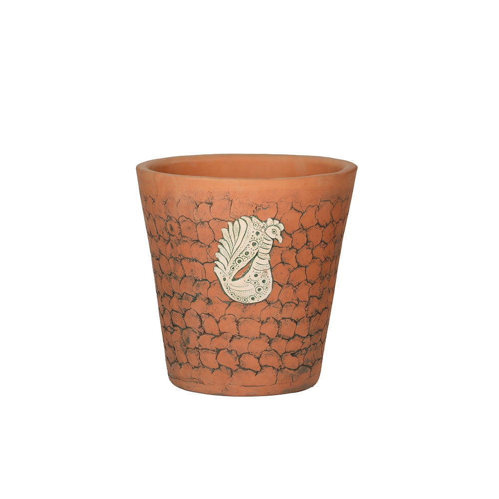 Rooster carved terracotta outdoor flower pot, handmade by Clayspire.