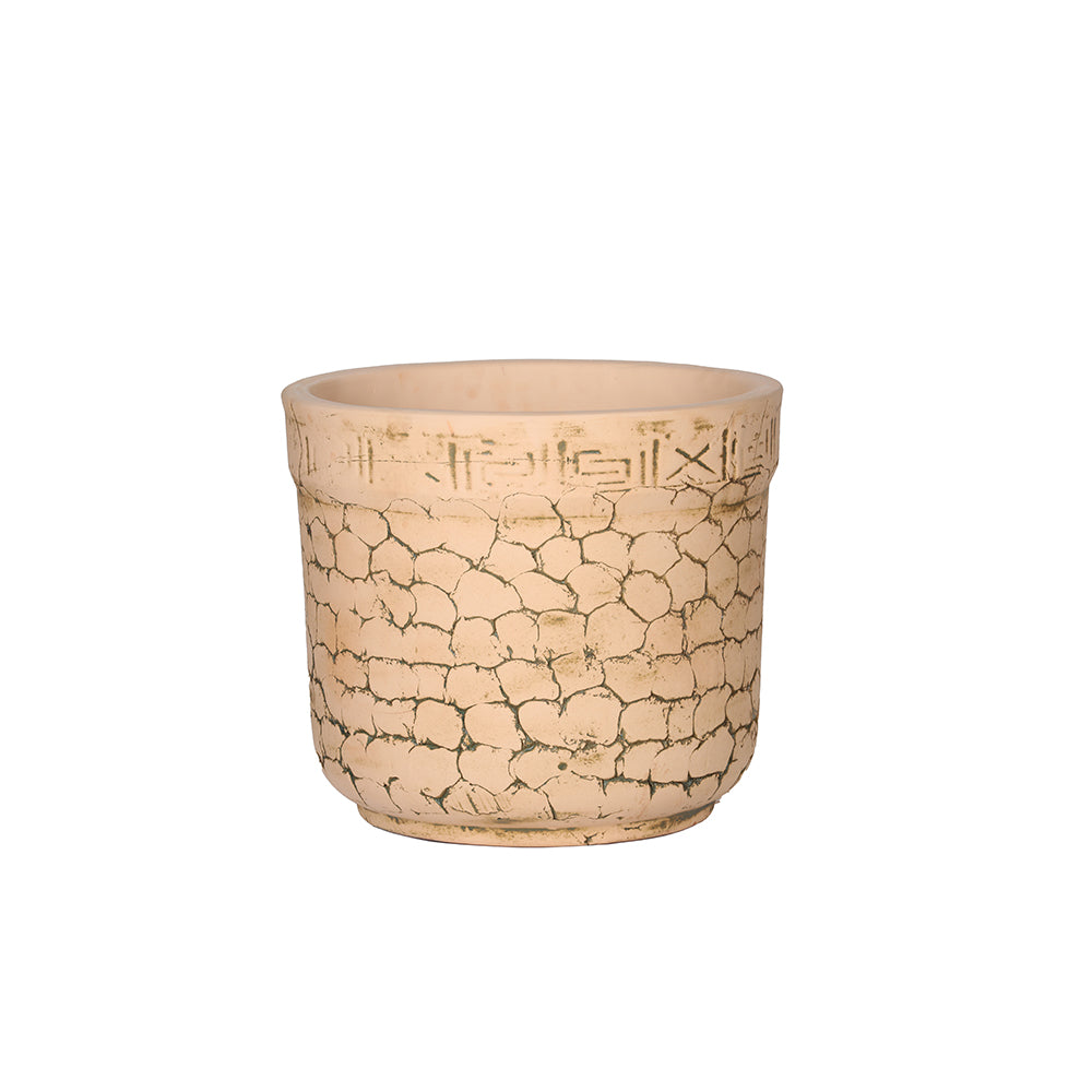 Maceta de terracota para exterior con diseño craquelado color crema