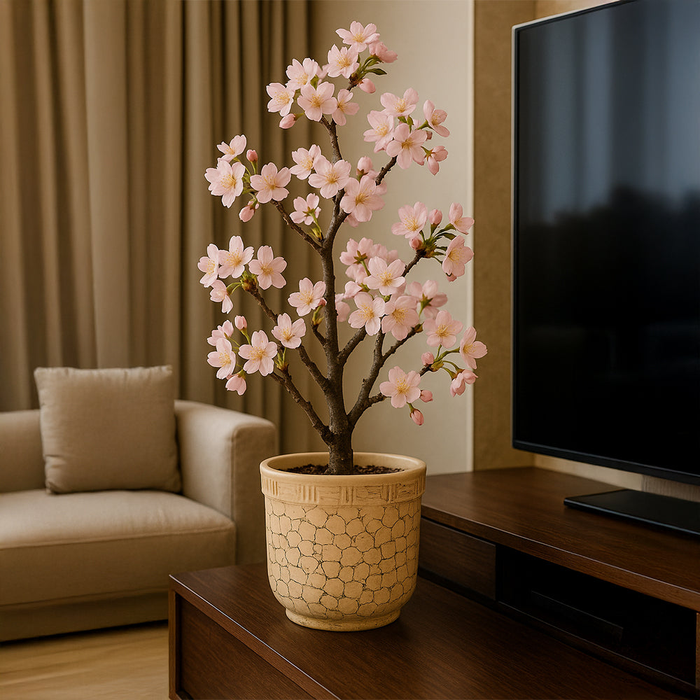 Maceta de terracota para exterior con diseño craquelado color crema