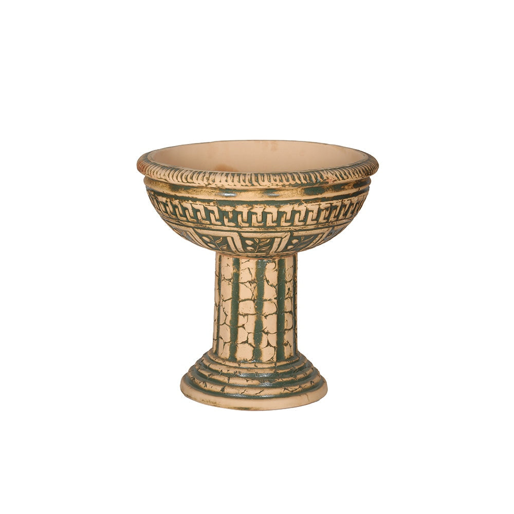 Maceta de exterior de terracota con pedestal y relieve de olivo