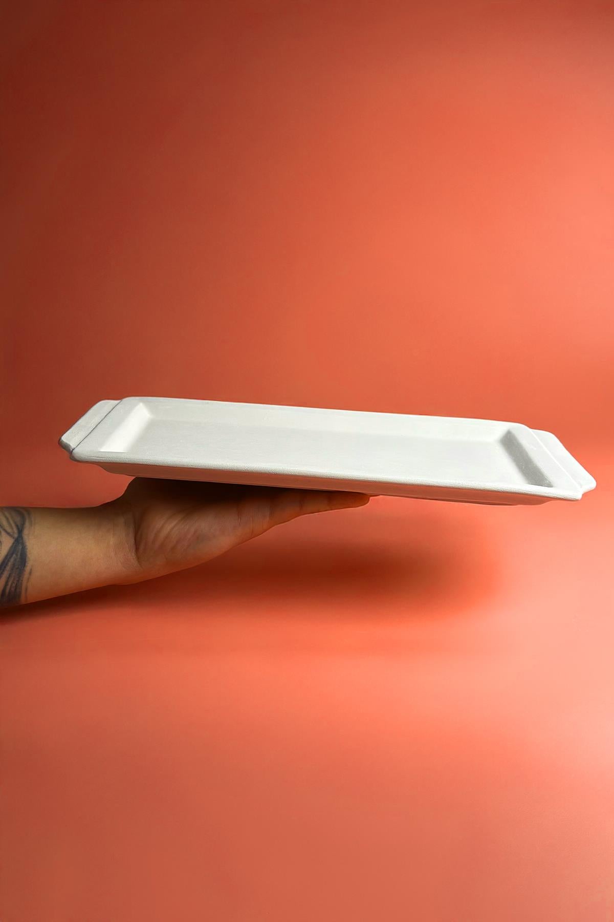 Flat Handled Serving Tray Ceramic Bisque