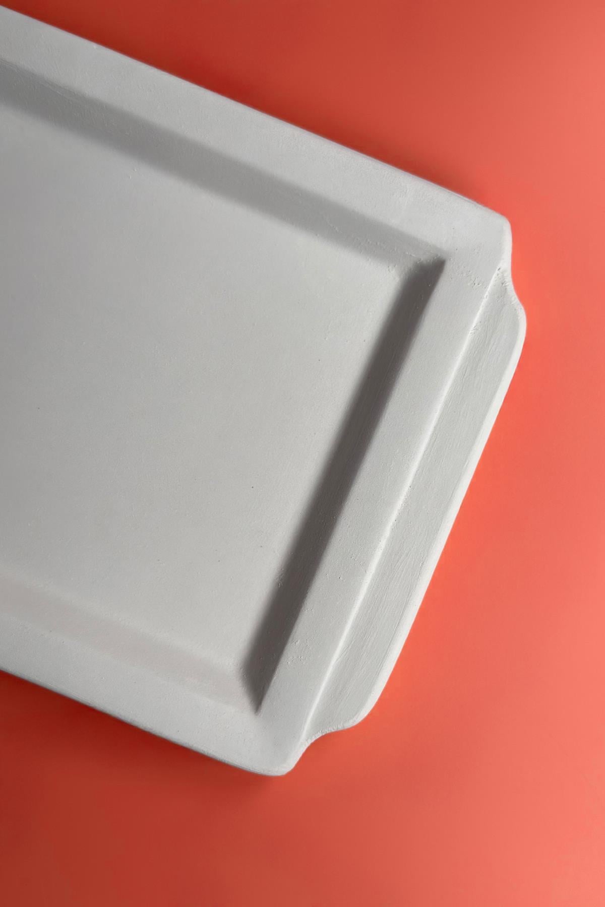 Flat Handled Serving Tray Ceramic Bisque