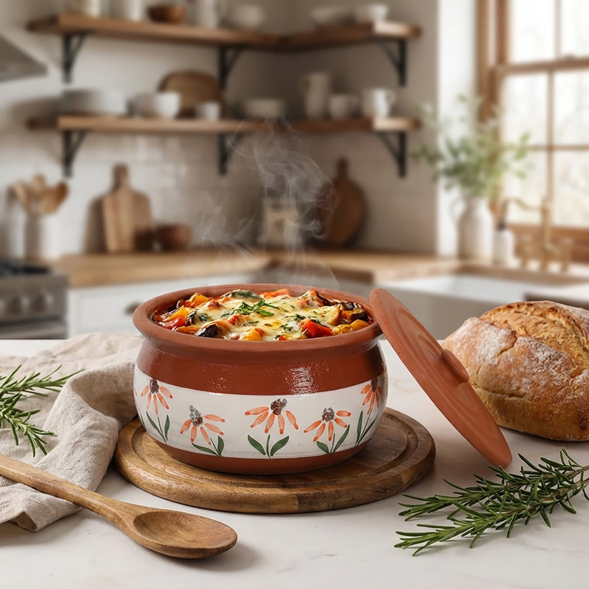 Hand-painted floral terracotta cooking pot with steaming stew by a kitchen window