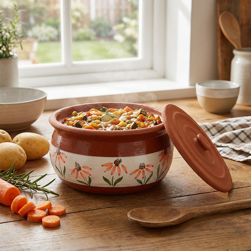 Hand-painted floral terracotta cooking pot filled with hot stew on a rustic kitchen table
