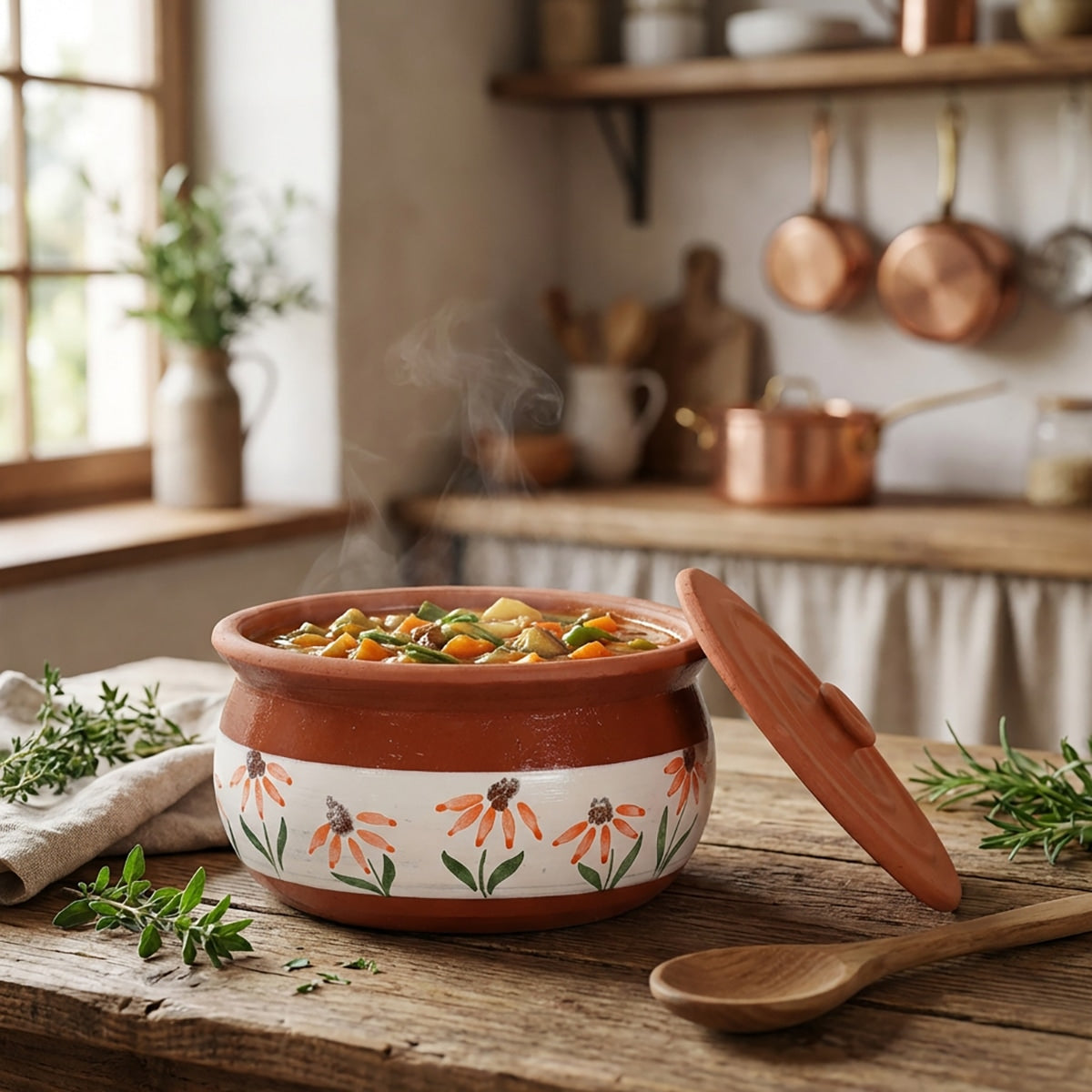 Hand-painted floral terracotta cooking pot with steaming stew on a rustic wooden kitchen table