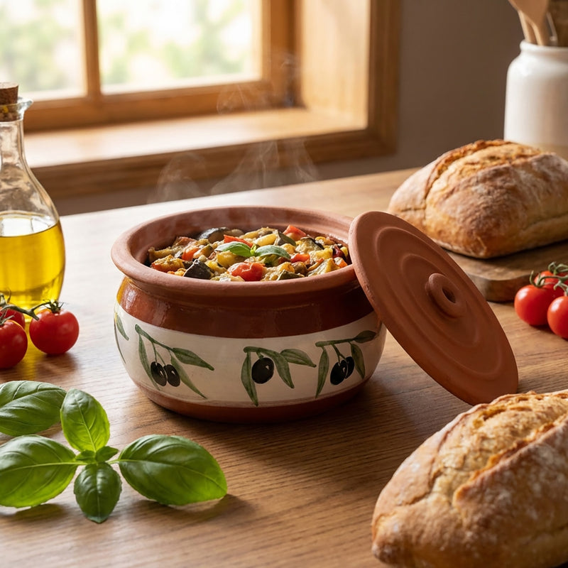 Handmade terracotta cooking pot with hand-painted olive branch design