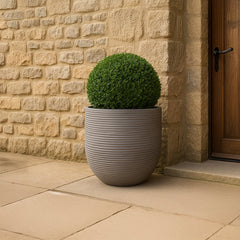 Gray ribbed glazed ceramic decorative planter, handmade by Clayspire.